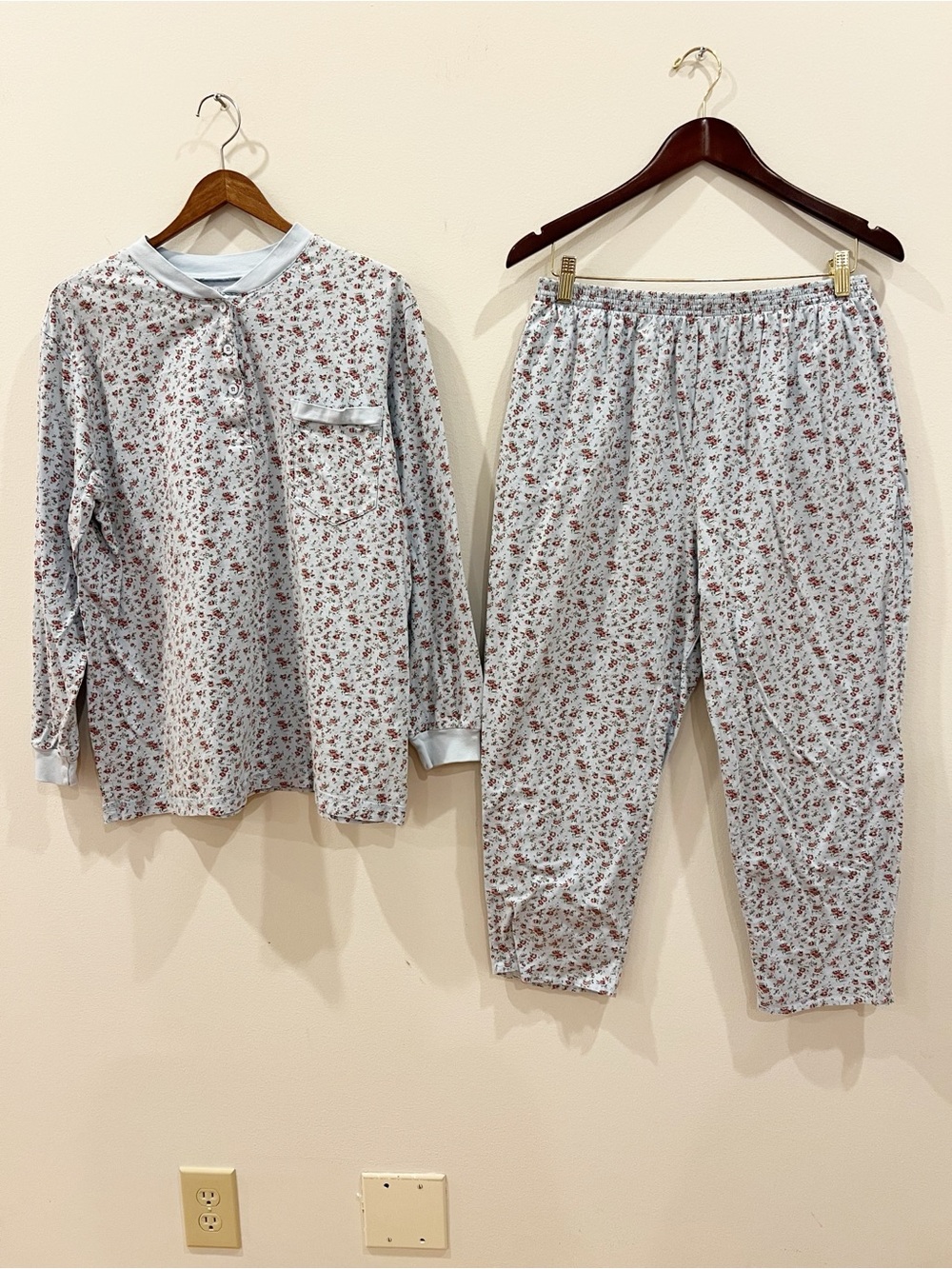 Vermont Country Store Pajamas Set Womens Large Blue Floral 2 Piece Top Pants